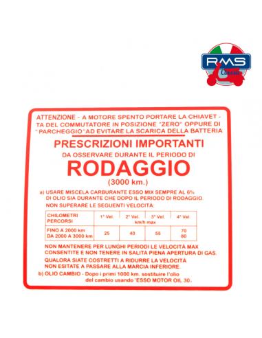Targhetta rossa rodaggio Piaggio...