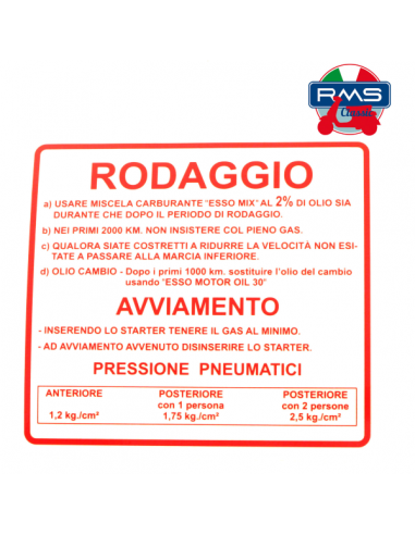 Targhetta rossa rodaggio Piaggio...
